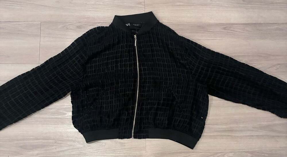 Zara Black Sheer Velvet Grid Mesh Bomber Jacket Size M Zip Up